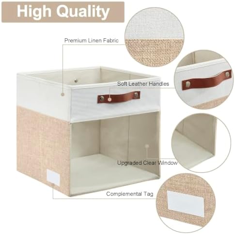 Bagnizer Storage Cubes, 4 Pack Linen Foldable Storage Bins (13 x 13 inch) with Clear Window and Handles, Fabric Organizer for Shelf Closet, Clothes, Books - (Beige and White)