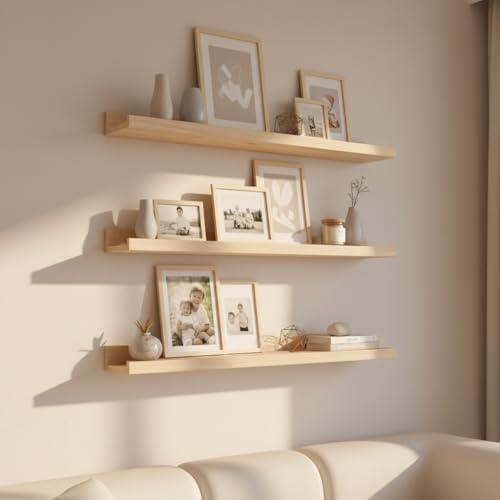 MBYD 36 Inch Natural Wood Floating Picture Ledge Shelf, Wall Mounted Nursery Bookshelf for Kids Books, Vinyl Records & P