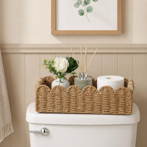 2 Pack Scalloped Paper Rope Toilet Paper Baskets with Wood Handles