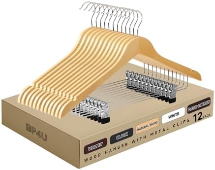 Wooden Hangers with Adjustable Metal Clips, 12-Pack, Natural