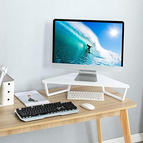 TEAMIX 26 inch White Triangle Monitor Stand Riser, Desktop Corner Shelf with Metal Leg Wood Computer Stand with Storage 