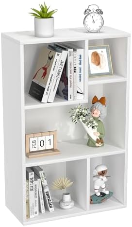 VECELO Modern White Bookshelf, 31.3" H Freestanding Wide Open Cubby Storage Cabinet, Uneven Compartments, Thickened Boar