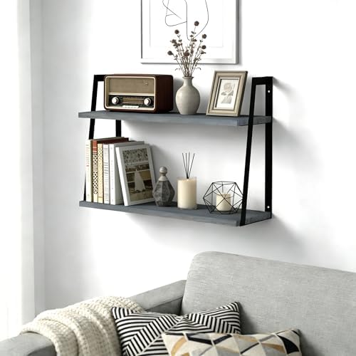 SRIWATANA Gray 2-Tier Floating Shelves, Wood Wall Storage Shelf Unit