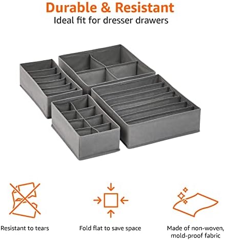 Amazon Basics Deep Drawer Organizer for Clothes, Collapsible Storage Boxes for Socks, Underwear and Baby Items, Set of 2, Gray