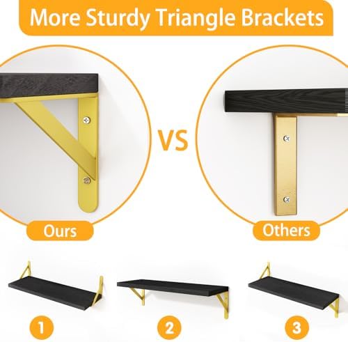 YGEOMER 4 Different Sizes Floating Shelves for Wall Decor, Black and Gold