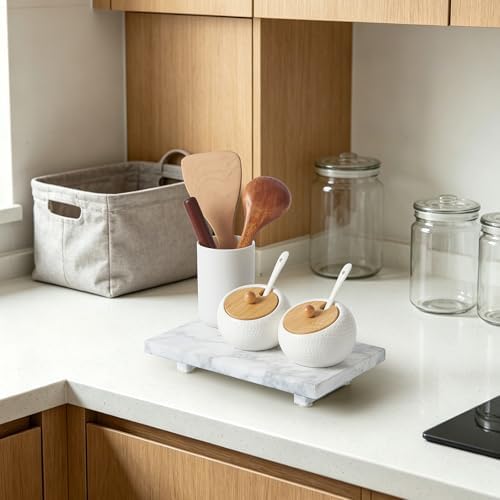 Natural Marble Tray Pedestal Stand – Soap & Jewelry Riser for Bathroom Counter, Kitchen Sink, Vanity Organizer, Decorati