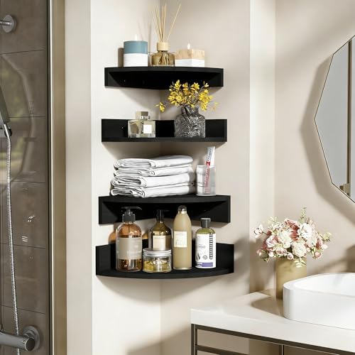 Alsonerbay Wood Corner Floating Shelves Wall Mount 4-Pack, Black