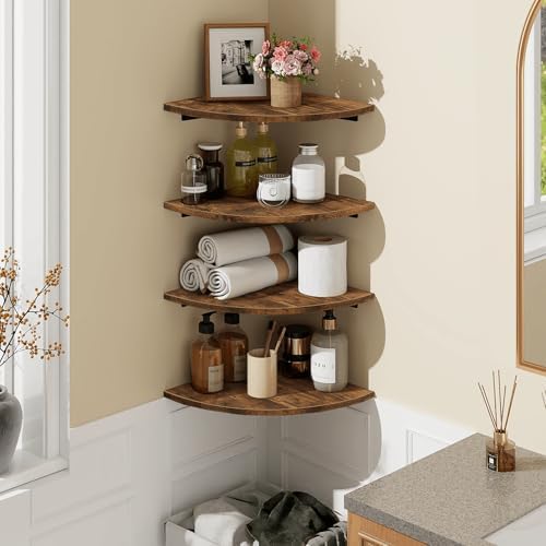 Homode Corner Wall Shelf, 12 Inch Wide Wooden Corner Floating Shelves with Cord Hole, Set of 4 Round Corner Hanging Stor