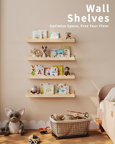 Shario Nursery Book Shelves, 4-Pack Wood Floating Shelves for Wall Kids, Scalloped Shelves, Wall Book Shelves for Bedroo