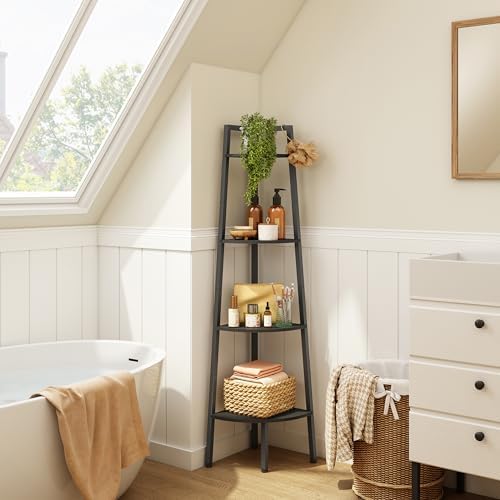 Hoctieon Corner Shelf, 4-Tier Corner Bookshelf, Rustic Ladder Shelf, Industrial Display Stand for Living Room, Kitchen, 