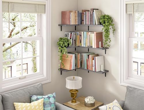 Fixwal Wood Floating Shelves Set of 6, Wall Mounted - Farmhouse Shelf for Bedroom, Bathroom Storage - Grey