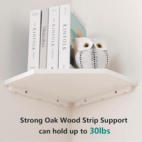 Corner Floating Shelves, White Corner Wall Shelf Set of 2, Solid Oak Wood Corner Shelves Wall Mount Shelf with Wire Hole