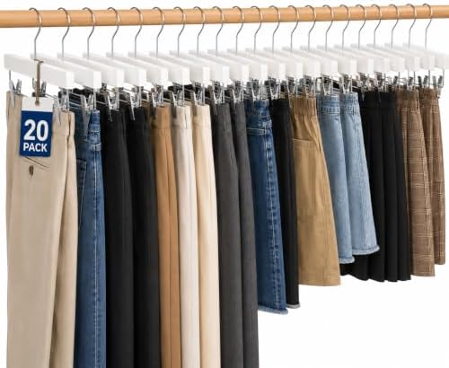 SereneLife Premium Wooden Pants Hangers 20 Pack, Solid 14" Wood Skirt Hangers with 2-Adjustable Clips, Heavy Duty & Anti Slip Wood Bottom Hanger for Slacks, Jeans, Trousers, Shorts (White)