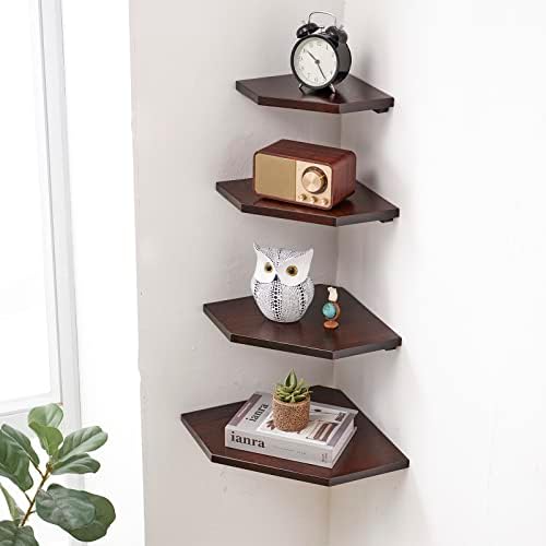 Corner Wall Shelves Set 2 Wire Hole Solid Oak Wood Display Shelf ,Walnut