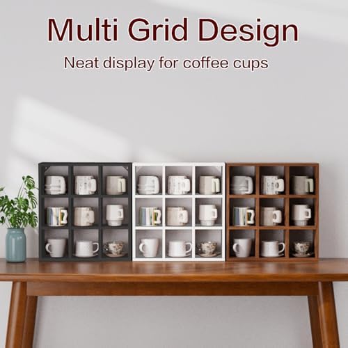 Helsin 9 Grid Vintage Coffee Mug Display Rack, 16inch Wall Mounted Wooden Curio Shadow Box Shelf, Cup Floating Shelves D