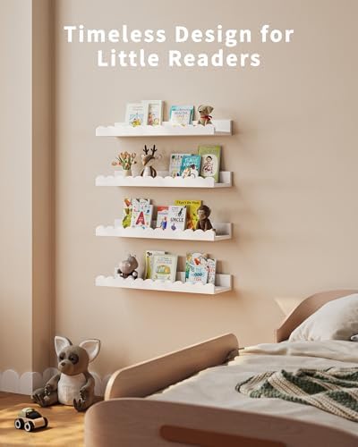 Shario Nursery Book Shelves, 4-Pack White Floating Shelves for Wall Kids, Scalloped Shelves, Wall Book Shelves for Bedro