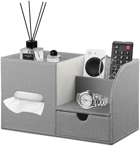 PU Leather Tissue Box Cover Square with Drawer Storage and Tray on Top