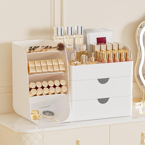 Makeup Organizer with 2 M Drawers & Brush Holders - Cosmetic Storage Case for Vanity, Bathroom Countertop & Desk - Skinc
