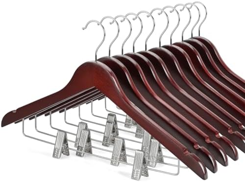 TOPIA HANGER Wooden Suit Hangers with Adjustable Metal Clips (10 Pack), Solid Wood Clothes Hangers, 360° Swivel Hook, Premium Pants Hangers for Clothes Coat, Jeans, Blouse- Cherry CT28M