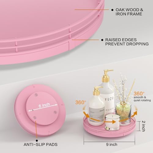 Oroyutor 9-Inch Oak Lazy Susan Decorative Tray, Pink Finish