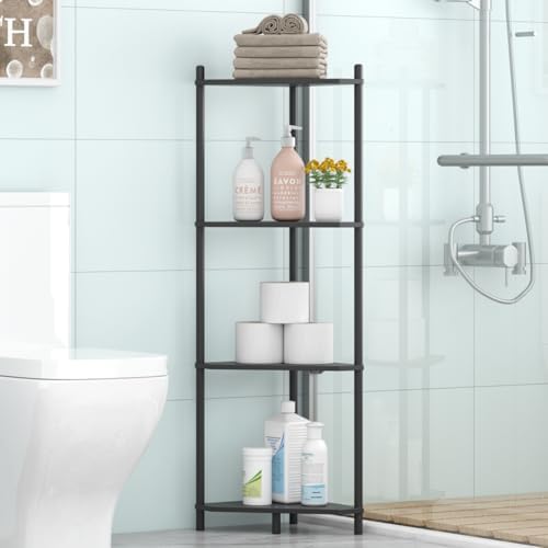 Wisuce Black Small Corner Shelf Stand, 4-Tier Bamboo Corner Bookshelf