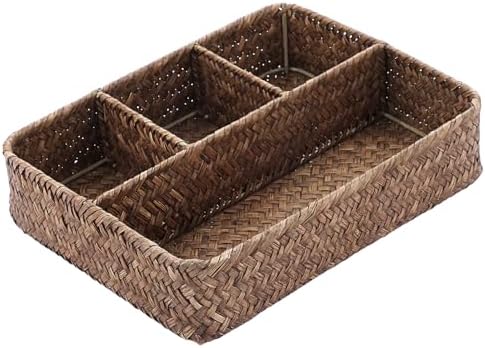 BTSKY Desk Drawer Organizer Tray, Coffee Station Organizer Tea Bag Organizer, Woven Seagrass Storage Basket with 4 Divided Sections Handwoven Wicker Basket for Shelves, Pantry, Coffee Bar (Coffee)