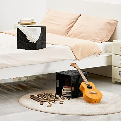 Vagusicc Wicker Storage Basket, Set of 2 Hand-Woven Wicker Basket, Foldable Cube Storage Bin, Black Storage Basket, Squa