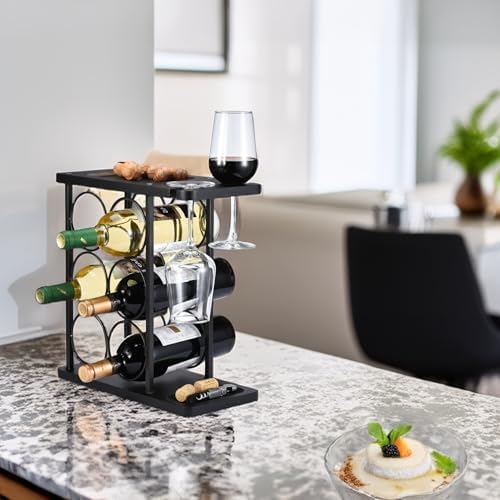 ALLCENER Modern Wine Rack Countertop, Matte Black 6 Bottle Wine Rack with Glass Holder, Metal Wine Holder Stand with She