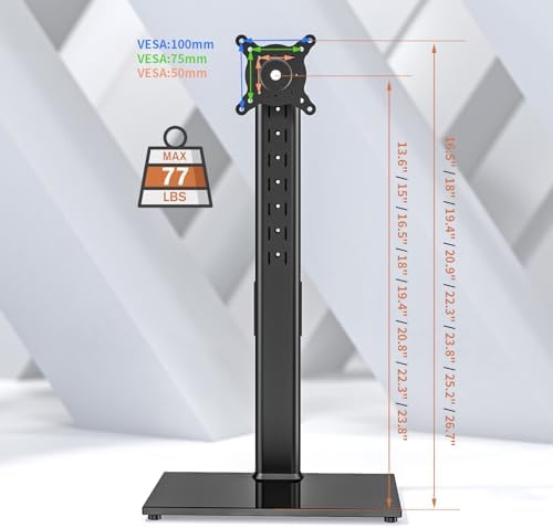 Single Monitor Stand Freestanding 27-43 Inch Monitor Arm Curved Screen Monitor Mount Tempered Glass Base Adjustable Moti