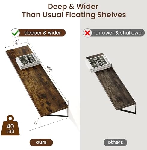 Axeman 12 Inch Deep Floating Shelves for Wall - 48 Inch Wide x 12 Inch Deep Wall Shelves Set of 2 - Rustic Wood Floating