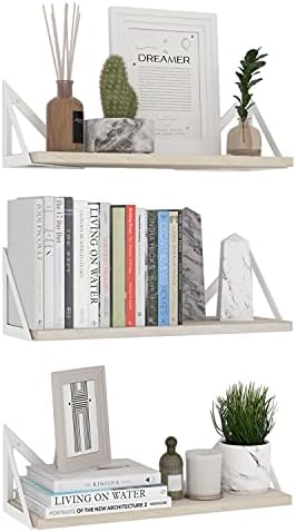 Wallniture Minori Floating Shelves for Wall Storage, Floating Bookshelf Set of 3, Bathroom and Kitchen Organizer Natural Wood Wall Shelves with White Brackets