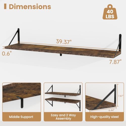 Heimlove Floating Book Shelves for Wall,39.37Inches Long Wall Mounted Bookshelves,Heavy Duty Bracket Shelves for Living 