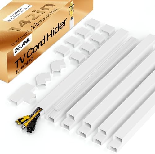 Delamu TV Cord Hider Wall, 142in Cable Hider, Cord Covers for 2-3 Wires on Wall, Paintable Wire Hiders Wire Covers for T
