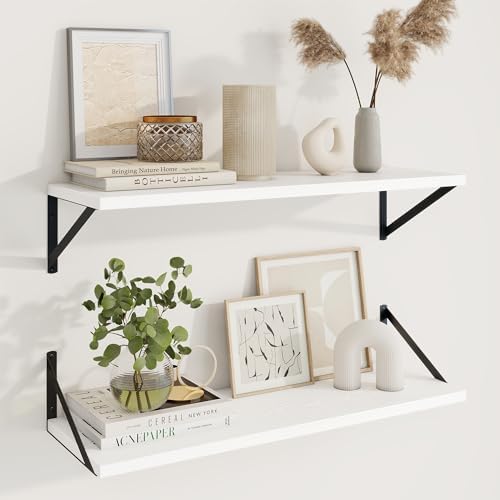 Axeman 30 Inch Floating Shelves, 10 Inch Deep White Wall Shelves Set of 2