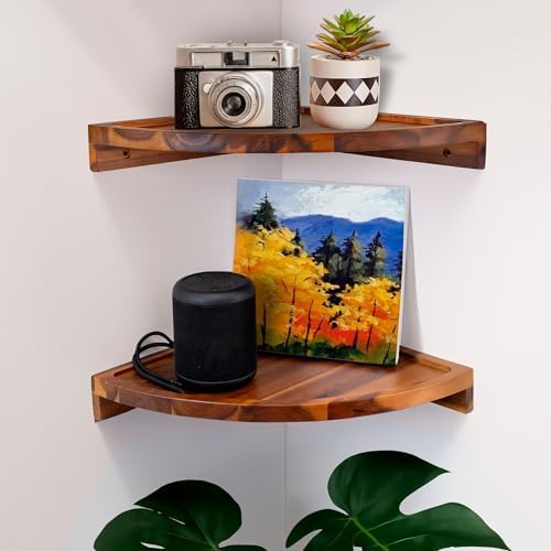 Demigo Round Floating Corner Shelves, Natural Acacia Wall Shelf, Set of 2