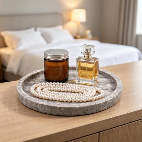 Round Marble Vanity Tray, Gray Travertine,Natural Marble Stone Decorative Tray for Counter, Bathroom, Kitchen, Dresser, 