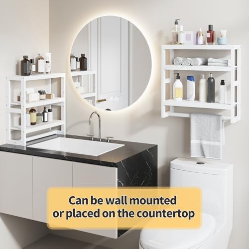 Bathroom Shelves with Hanging Bar Over Toilet Storage - Adjustable Wall Organizer (White)