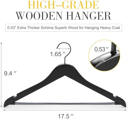 TOPIA HANGER Premium Wooden Hangers, Luxury Boutique Wood Hangers with Extra Thick Hook and Non Slip Pants Bar, Heavy Duty Coat Hanger with Notches 16 Pack, Black -CT01B