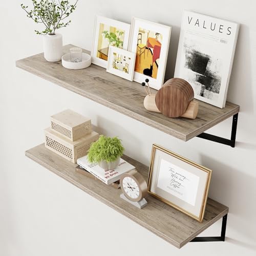 Axeman 12 Inch Deep Floating Shelves for Wall - 36 Inch Wide x 12 Inch Deep Wall Shelves Set of 2 - Rustic Grey Wood Flo