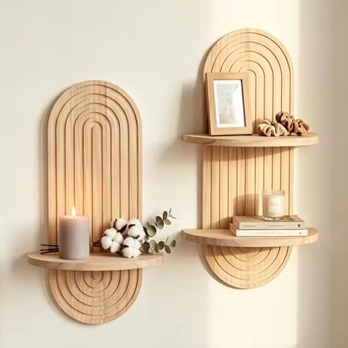 Boho Wall Shelf Set of 2, Wooden Arched wall Shelves for Plants & Decor