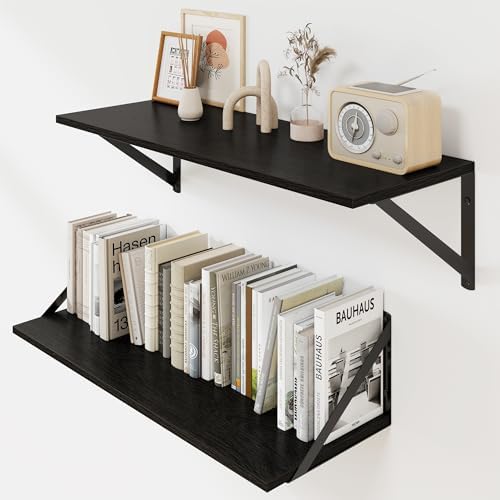 Heimlove Black Deep Floating Shelves for Wall, 24W x 8D Wood Wall Shelves Set of 2, Wide Floating Bookshelf for Living R