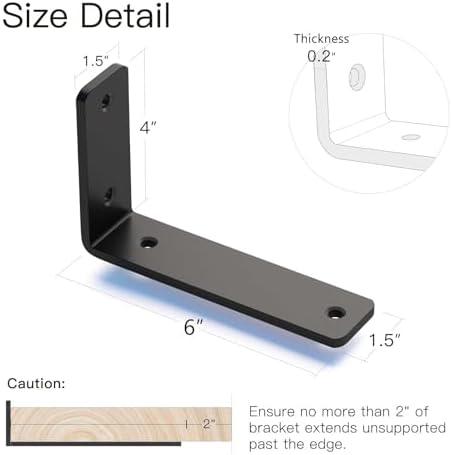 4 Pack 6 Inch Floating L Shelf Brackets for DIY, 1/5 Inch Thick, Black