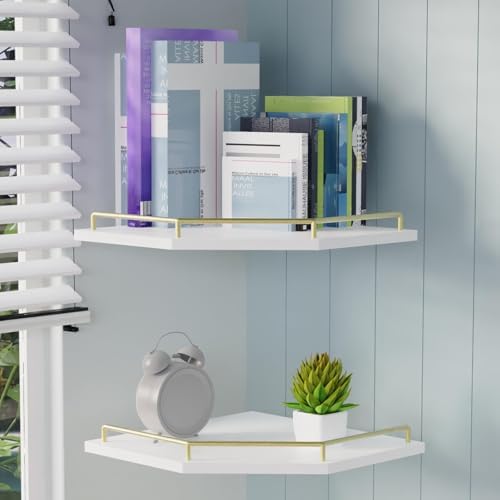 Tirzah White Wall Mount Corner Shelf with Gold Metal Guardrail, 2-Tier 9.5-inch Diamond-Shaped Wood Corner Floating Shel