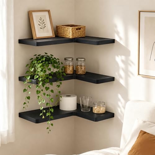 Solid Wood Corner Floating Shelves, L-Shaped, Black, Set of 3