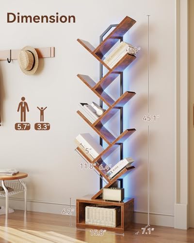 Casaottima Tree Bookshelf with LED Lights, 8-Tier Small Bookshelf, Vintage