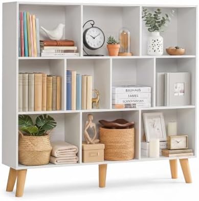 YAHARBO 10 Cube White Bookshelf,3 Tier Book Shelf with Legs,Modern Minimalist Bookcase,Open Book Shelves Storage Organiz