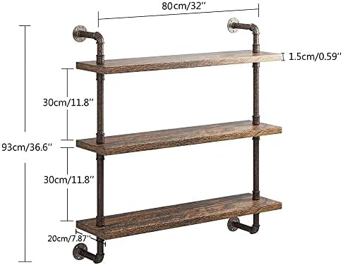 Helsin 3 Tier Industrial Pipe Shelf Rustic Wood Floating Wall Display Bookshelf Storage Rack Sundries Holder for Kitchen