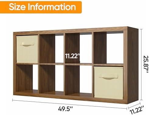 furtble Bookshelf with Storage Bins, 8-Cube Storage Organizer, Modern Wood Open Bookcase, Multifunctional Display Shelf 