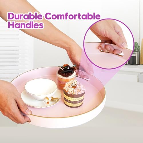 Gifturbo Matte Pink Decorative Serving Tray,Round Serving Trays with Handles, Coffee Table Tray Ottoman Round Plastic Tr