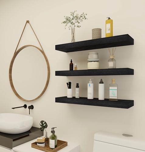 Vervida® Black Rustic Floating Wall Shelves 24in Set of 3 Hidden